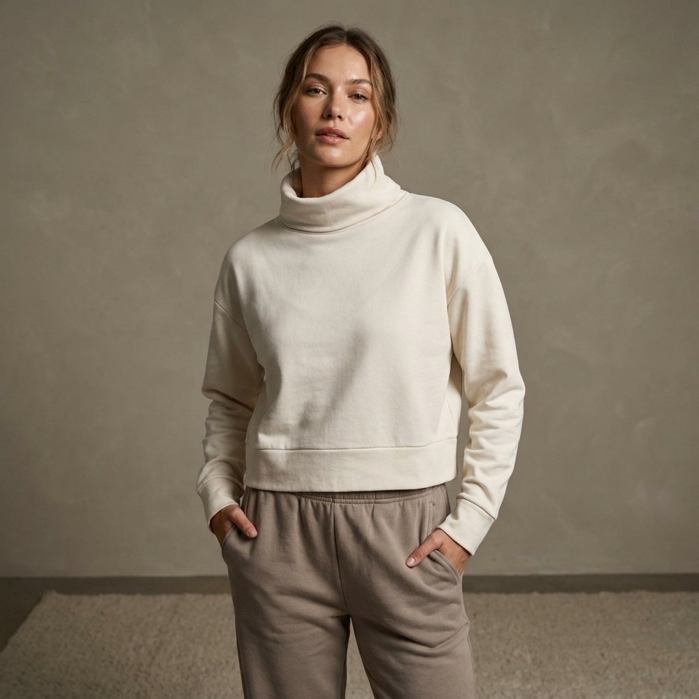 FILOSOFIA Women Sweatshirt M Cream Cotton Minimalist Turtleneck Cropped Pullover